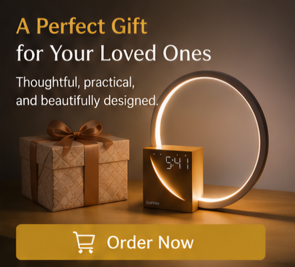 Modern touch control LED bedside lamp with digital clock & Ambient night light.