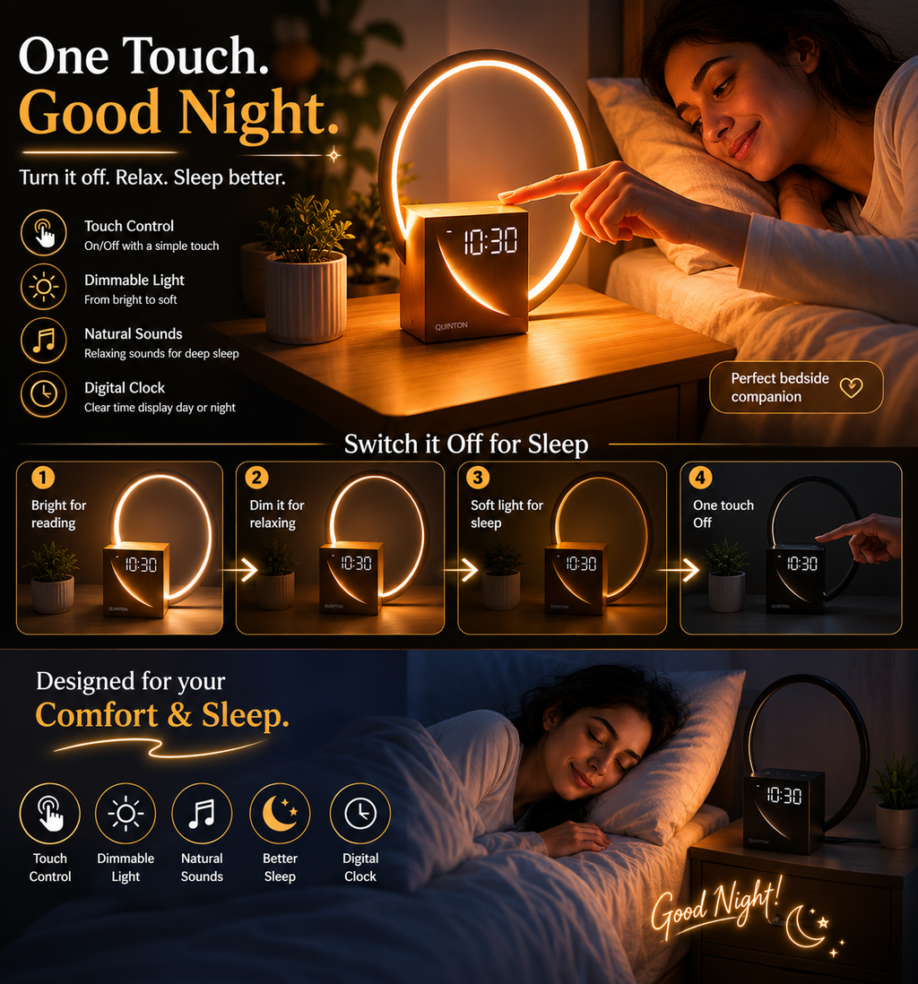 Modern touch control LED bedside lamp with digital clock & Ambient night light.