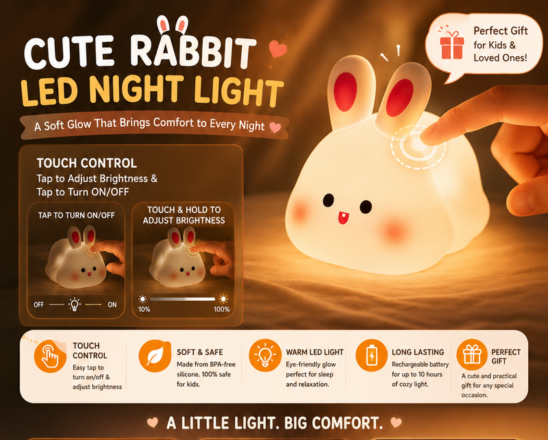 Cute LED Night Light Touch Sensor Cartoon Kid's Nightlights Big Face Rabbit Silicone Night Light Christmas Gift Bedside Lamp Home Decor