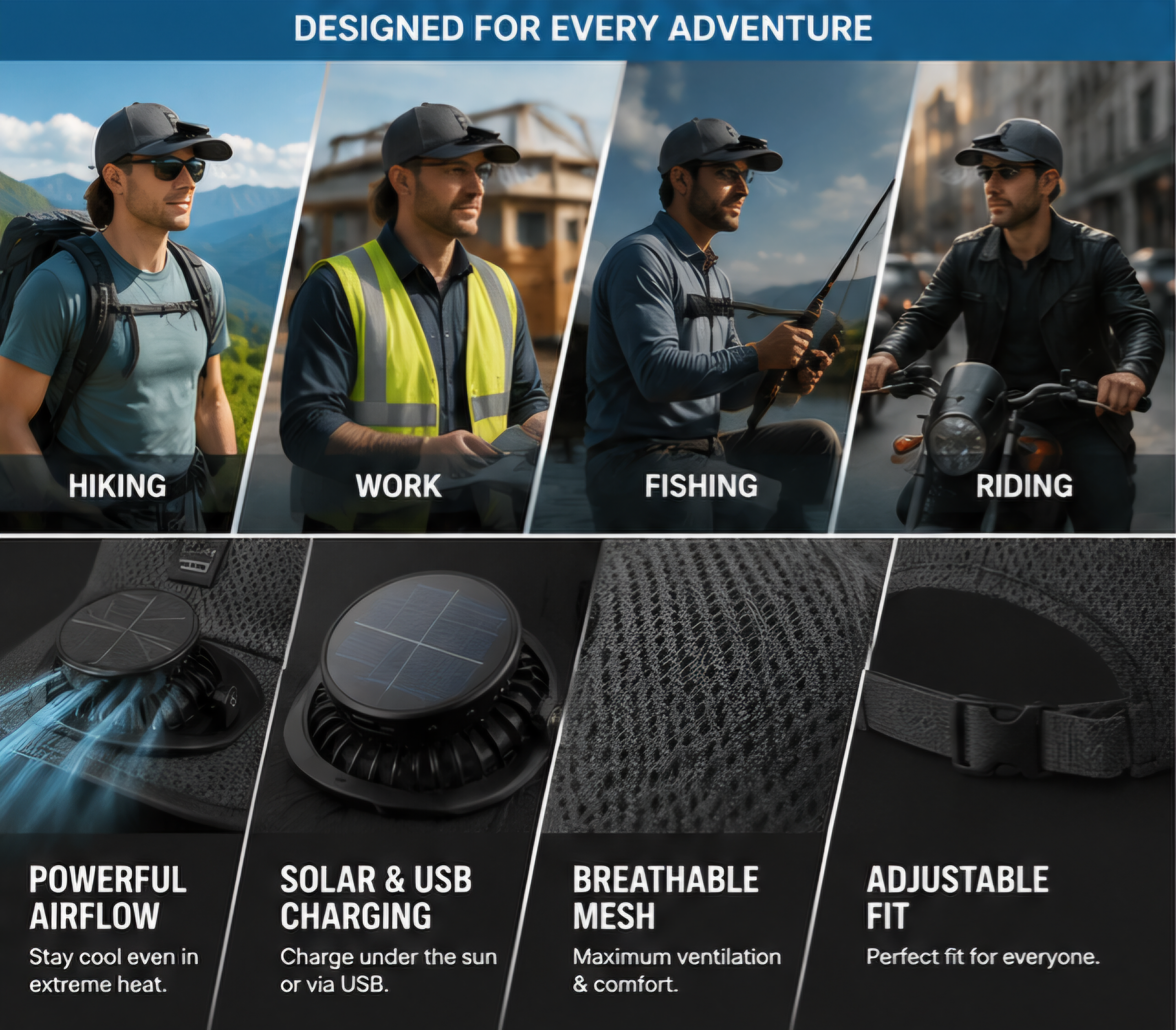 Solar Cool™ USB Rechargeable Fan Cap - Breathable Mesh Cooling Hat for Outdoor Summer Use.