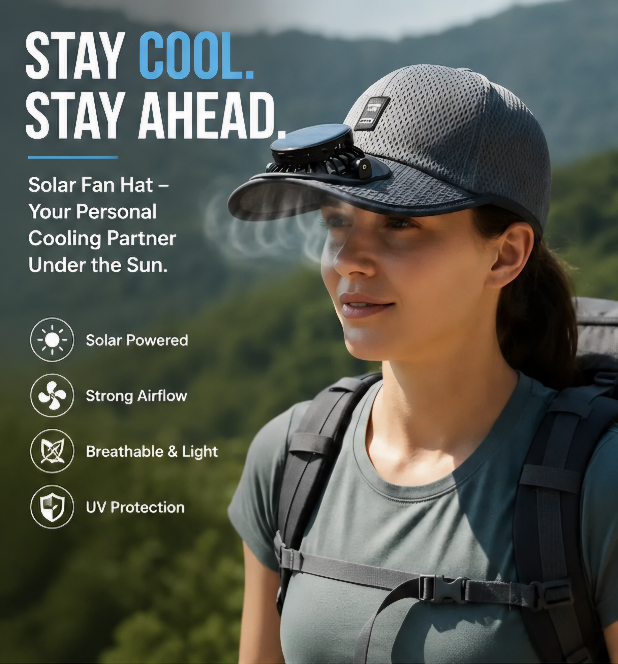 Solar Cool™ USB Rechargeable Fan Cap - Breathable Mesh Cooling Hat for Outdoor Summer Use.